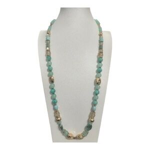 Vintage Aqua Amazonite Style Beaded Necklace Gold Tone 1946 Tag